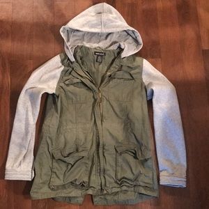 Army jacket with soft grey sleeves and hood